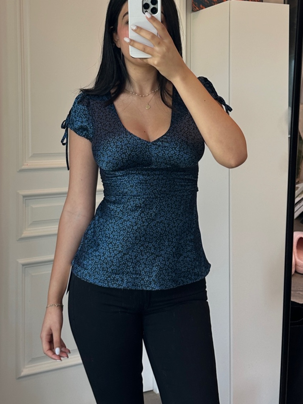 Silk Blue Floral v-neck Babydoll Top
